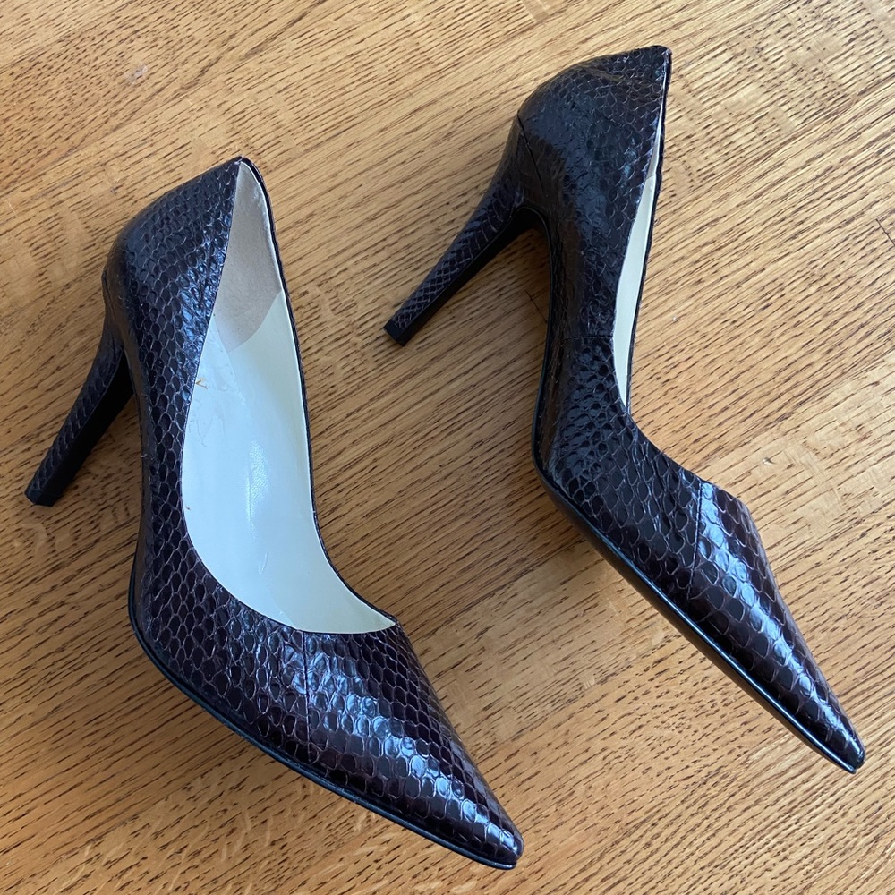 Lauren Ralph Lauren dark brown snakeskin heels.